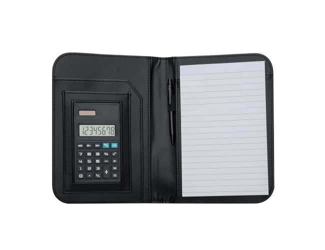 Bloco de anotações com calculadora e caneta