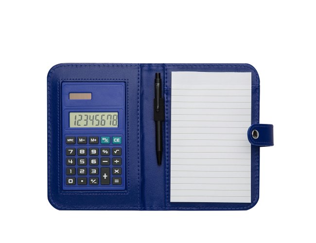 bloco de anotações com calculadora e caneta